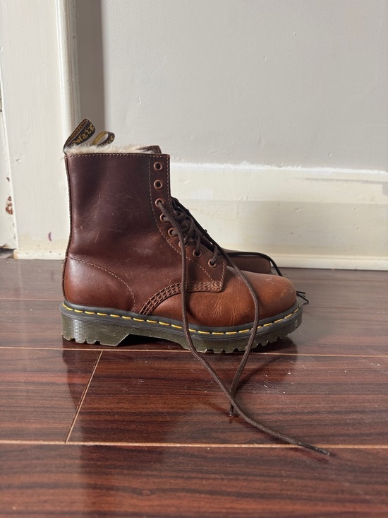 Dr. Martens Shoes - Dr. Martens Brown Leather 8-Eye Lace-Up Combat Boots with Yellow Stitching